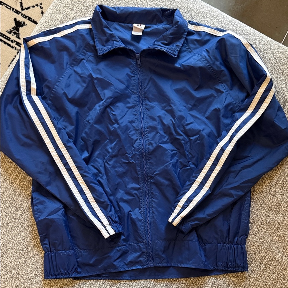 Blue Windbreaker Jacket with White Sleeve Stripes